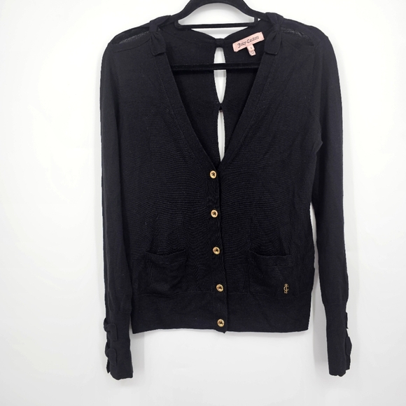 Juicy Couture Elisa Bow Cardigan 100% Wool Black Size Small Classic Knit - Picture 1 of 9